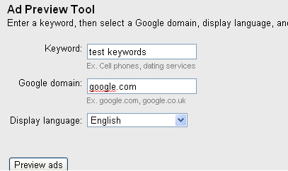 Entering keywords, Google domain, and language in the Ad Preview Tool