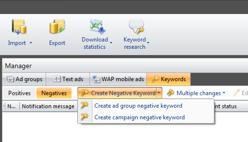 Add a Negative Keyword in adCenter Desktop