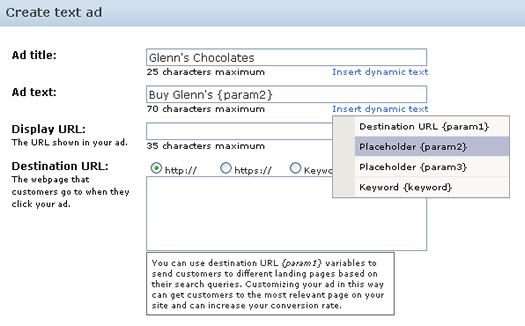 Inserting param2 in a text ad in AdCenter.