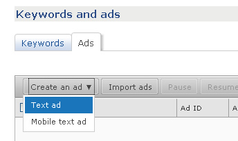 Creating a new text ad in AdCenter.