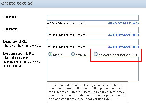 Setting keyword-level destination URL's.