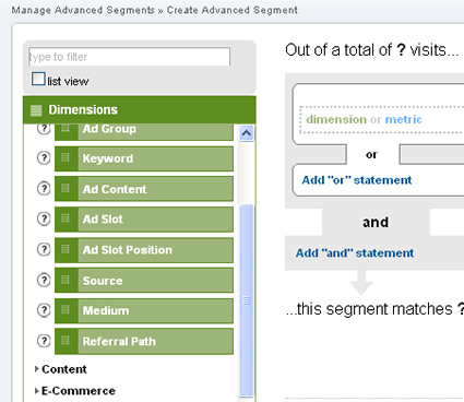 Dragging metrics and dimensions to create a new segment.