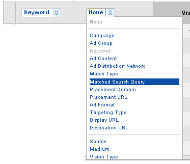 Using the dimension dropdowns in Google Analytics to find matched search queries