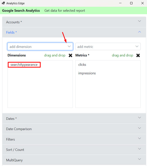 Adding searchAppearance in Analytics Edge