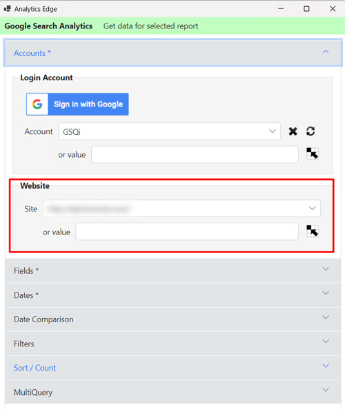 Selecting a property in Analytics Edge