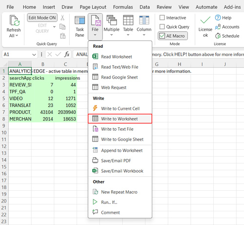 Write to Worksheet in Analytics Edge