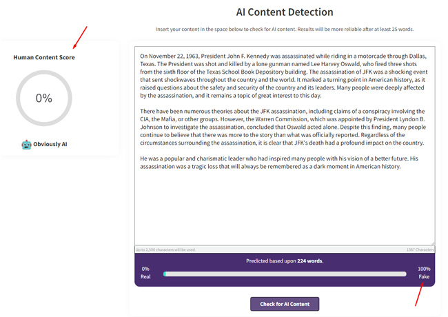 Content at Scale's AI content detector detecting AI-generated content.