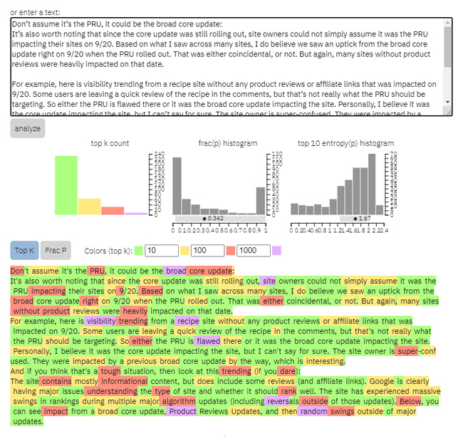 Giant Language Model Test Room (GLTR) analysis of human-written content.