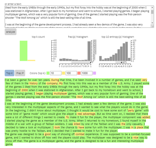 Giant Language Model Test Room (GLTR) analysis of AI generated content.