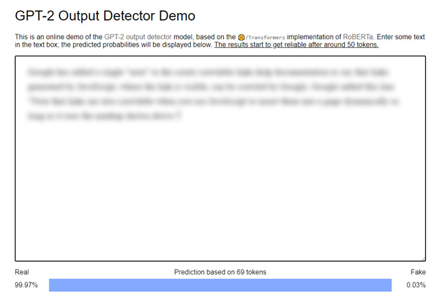 Huggingface's AI content detection tool measuring high quality human content