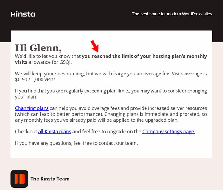 Another Kinsta email about reaching the visits limit for a hosting package due to AI crawlers.