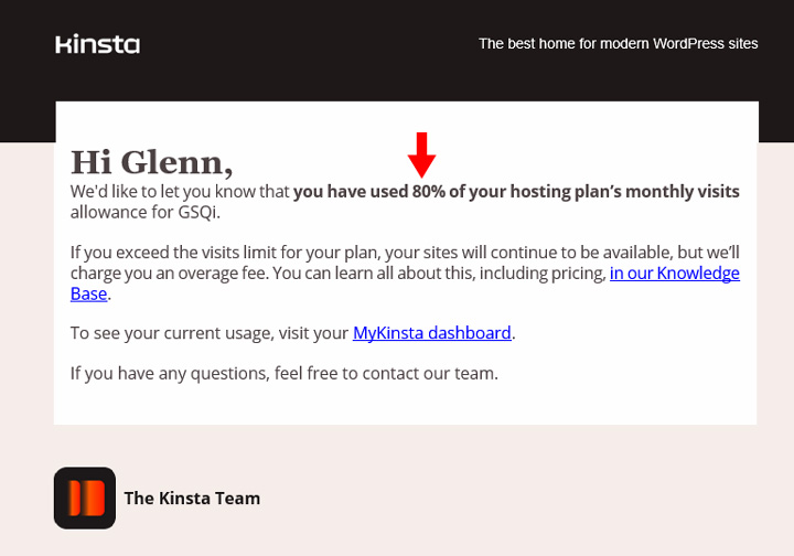 Kinsta email about hosting overage due to AI crawlers.