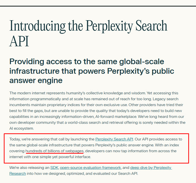 Perplexity explains the size of its search index.