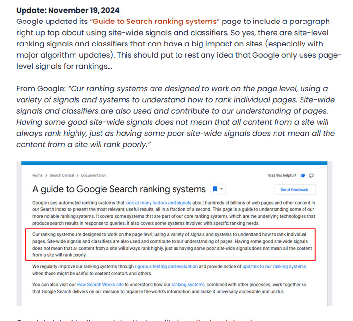 Google covers site-level quality signals and how they are used for ranking.