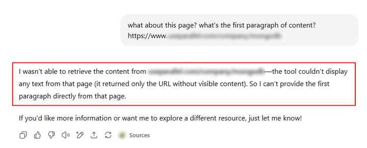 Additional tests showing ChatGPT having problems finding content on pages requiring JavaScript rendering.