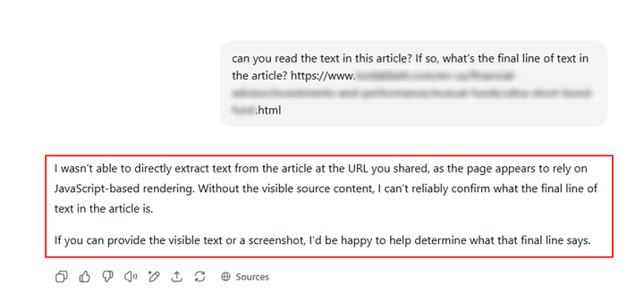 ChatGPT unable to find the content on a page requiring JavaScript rendering.