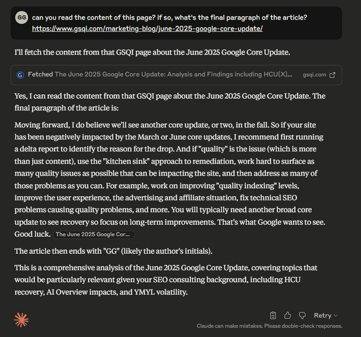 Claude was able to find the content on a page not requiring JavaScript rendering.