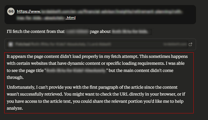 Claude having problems finding content on a page that requires JavaScript rendering.