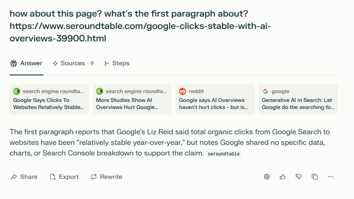 Perplexity was able to find the content on a page that doesn't require JavaScript rendering.