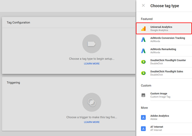 Select Universal Analytics tag type.