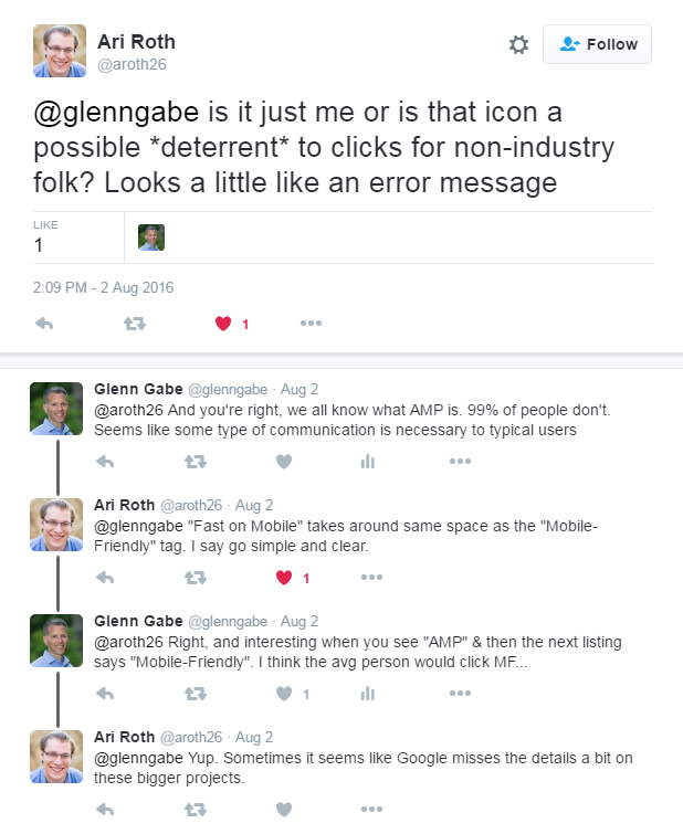 Tweet conversation about Google AMP in the SERPs