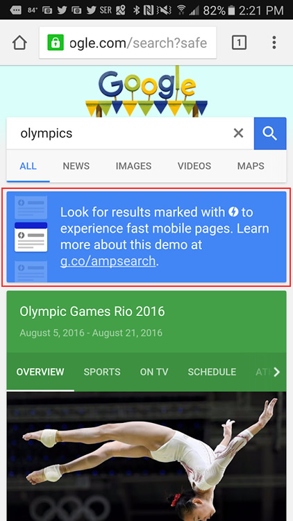 Demo message about AMP in the search results.