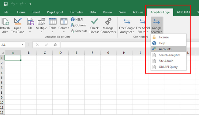 Analytics Edge accounts menu in Excel.