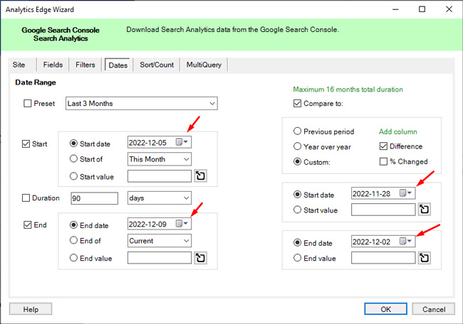 Select dates to compare in Analytics Edge in Excel