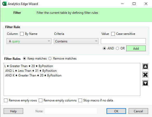 Filtering by position in Analytics Edge in Excel