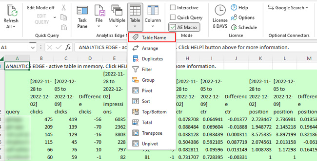 Set a table name to store exported data in memory in Analytics Edge