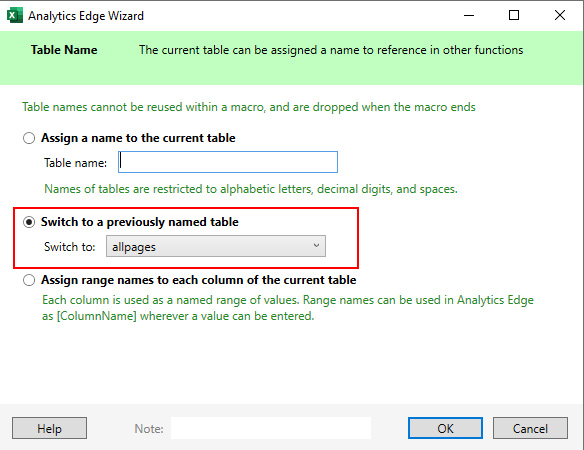 Switching to a previously named table in order to filter data in Analytics Edge