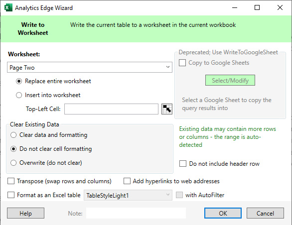 Write data to a worksheet in Analytics Edge in Excel