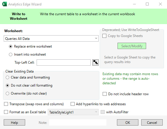 Write data to a worksheet in Analytics Edge in Excel