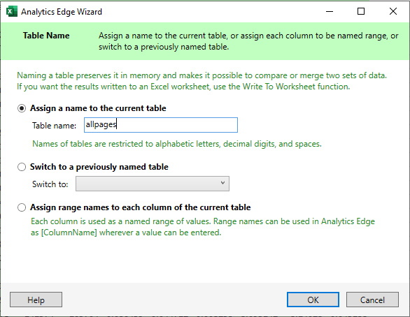 Assign the table name in Analytics Edge