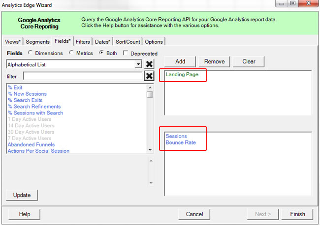 Exporting landing pages from Google Analytics via Analytics Edge.