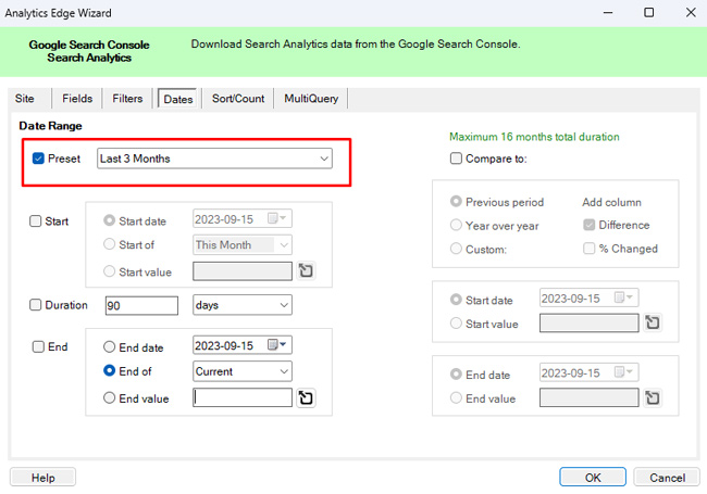 Set a timeframe for the export