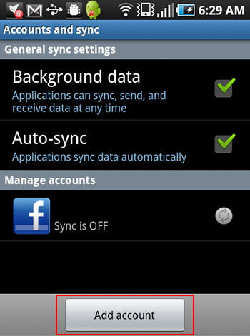 Facebook Sync Add Account on Android