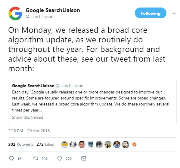 Google confirms April 16 2018 update.