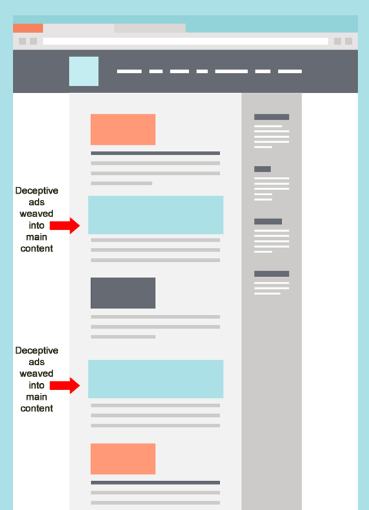 Deceptive ads weaved into main content.