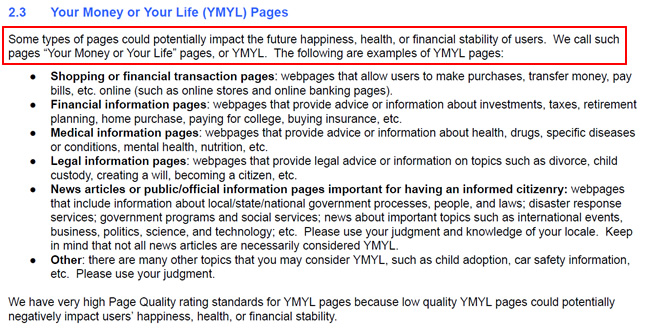 Your Money or Your Life (YMYL) in the Quality Rater Guidelines