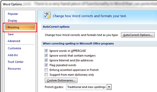 The Proofing Tab in Microsoft Word.