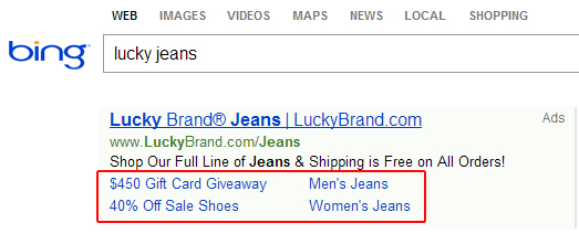 Example of Sitelink Extensions in Bing Ads for Lucky Jeans