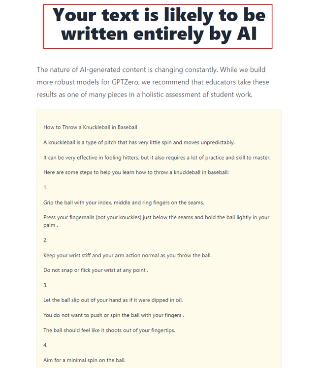 AI content detection tools identifying a shot blog post written by Bing Chat in the Edge sidebar as AI-generated.