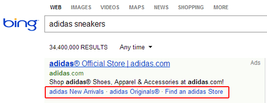 Example of Sitelink Extensions in Bing Ads for Adidas