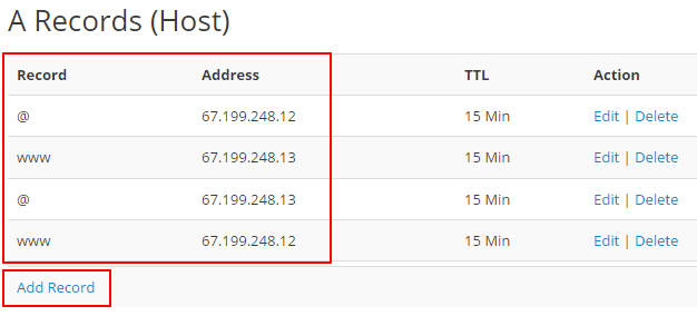 Updating the A record for short domain name.