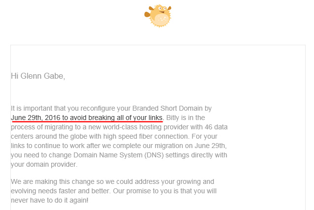 The email Bitly sent out about the 6/29/16 deadline