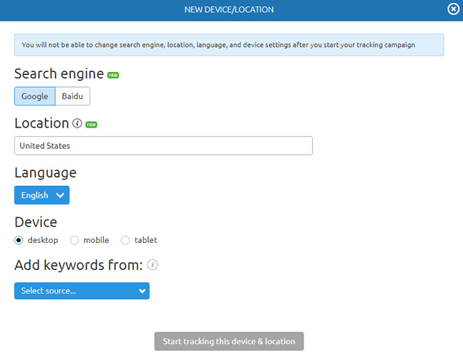 Setting up position tracking in SEMrush.