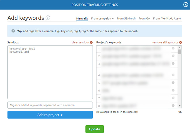 Adding keywords when setting up position tracking in SEMrush.