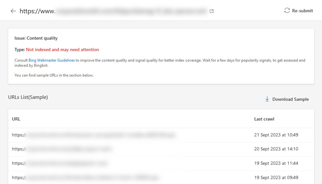 How to use Bing's XML Sitemap Coverage report (and its Content Quality flag) to find low-quality content excluded from indexing URLs marked with are displayed "Content quality" Issues in Bing Webmaster Tools