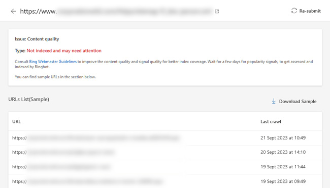 Viewing urls flagged with "content quality" issues in Bing Webmaster Tools